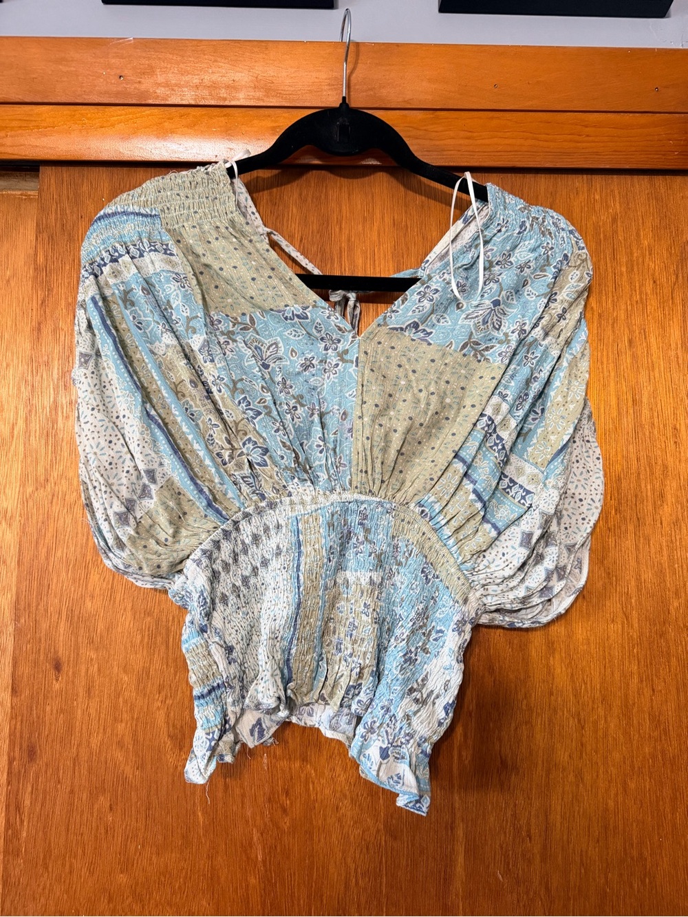 Promesa Light Blue and Cream Patchwork Peasant Blouse